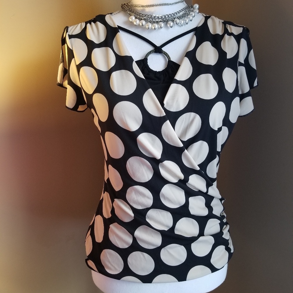 Black and Tan Huge Polka Dots IZ Byer Top